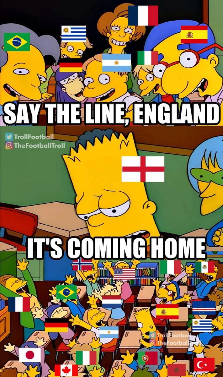 Meme parodi kartun menampilkan karakter dengan bendera Inggris dan negara lain yang mengejek slogan sepak bola Inggris.