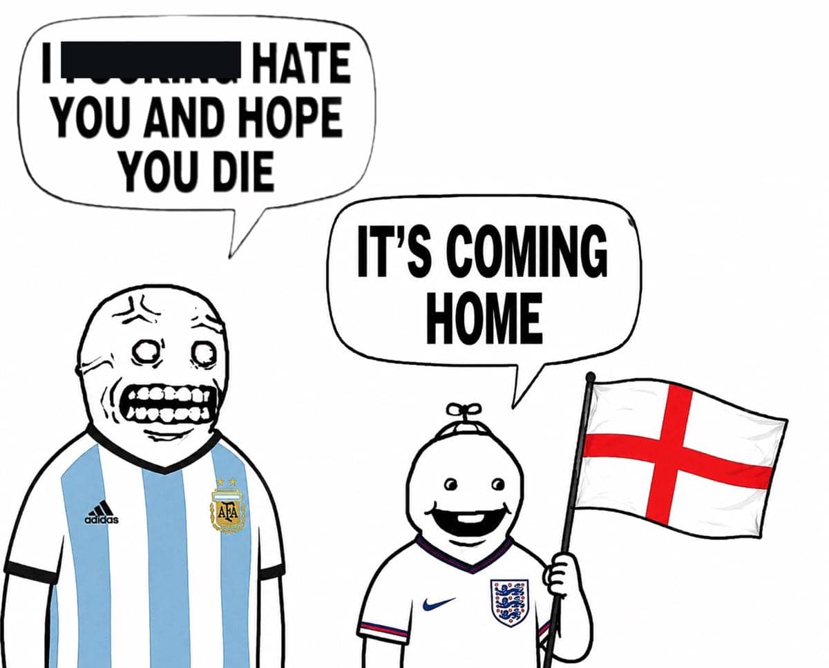 Ilustrasi meme dua karakter, satu mengenakan jersey Argentina tampak marah, dan satu mengenakan jersey Inggris sambil memegang bendera Inggris.