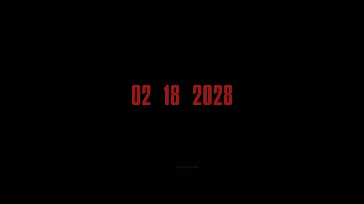 Tanggal 18 Februari 2028 ditampilkan dengan huruf merah di latar belakang hitam dalam teaser film The Batman Part 2.