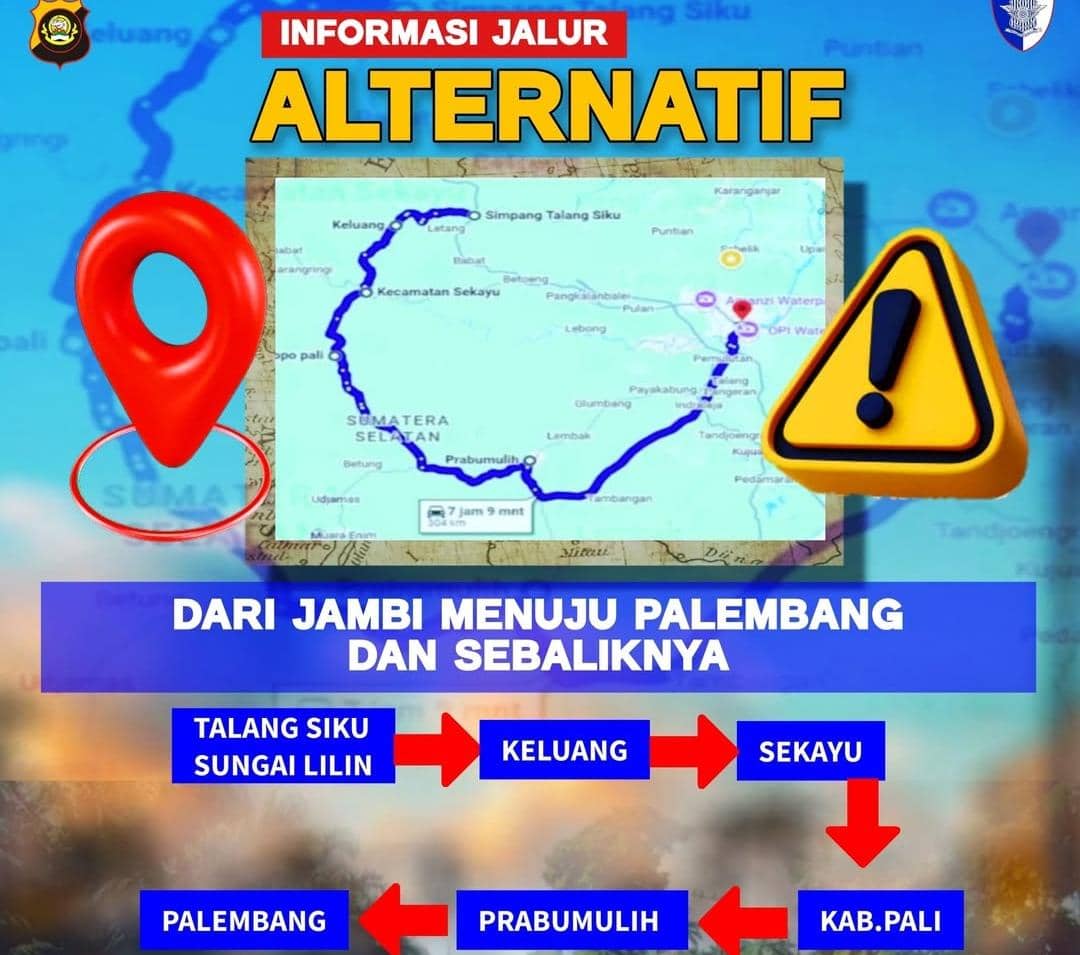 Rute jalur alternatif Palembang-Jambi.