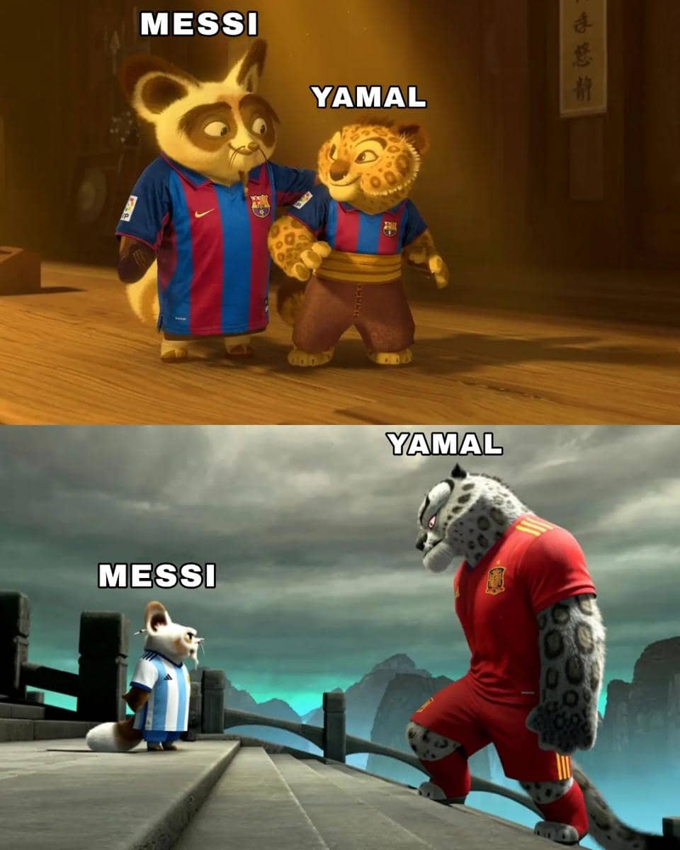 Meme karakter animasi bergaya Kung Fu Panda mengenakan jersey Barcelona, Argentina, dan Spanyol dengan teks Messi dan Yamal.