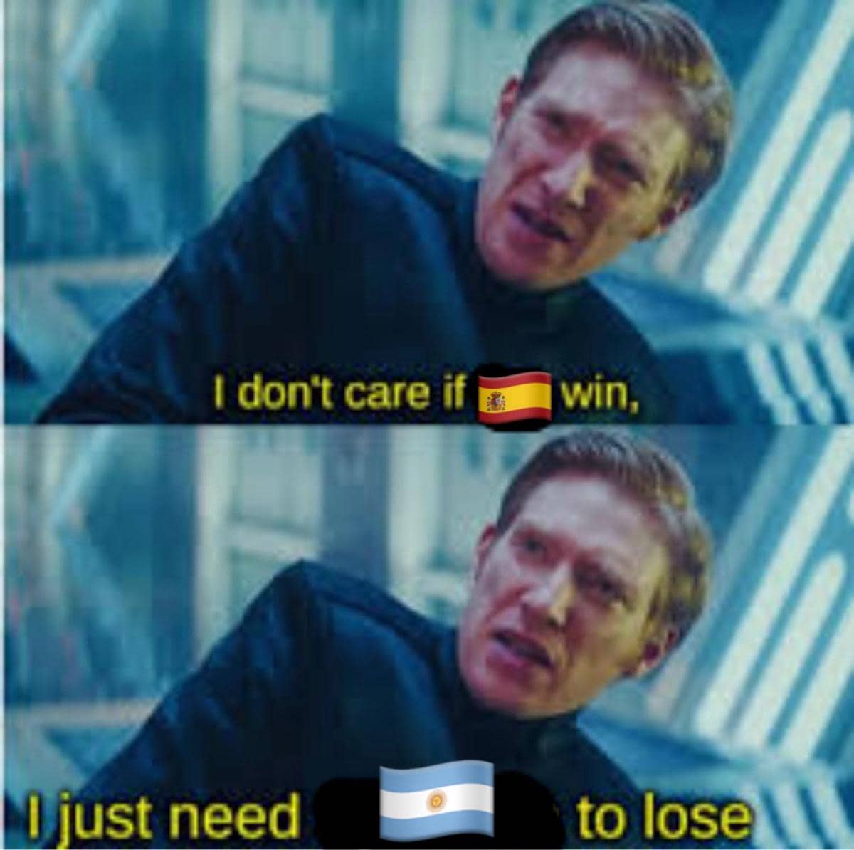 Meme lucu menampilkan adegan film dengan teks sindiran tentang keinginan agar tim nasional Argentina kalah di Piala Dunia 2026.