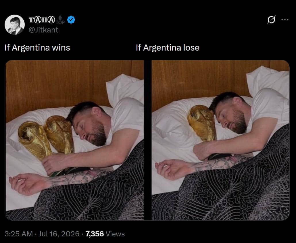 Seorang pria berbaring di tempat tidur memeluk trofi Piala Dunia, dengan dua versi gambar bertuliskan jika Argentina menang dan jika Argentina kalah.