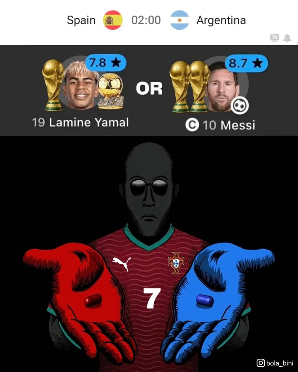 Ilustrasi meme perbandingan Lamine Yamal dan Lionel Messi menjelang final Piala Dunia 2026 dengan karakter memakai jersey Portugal memegang dua pil merah dan biru.