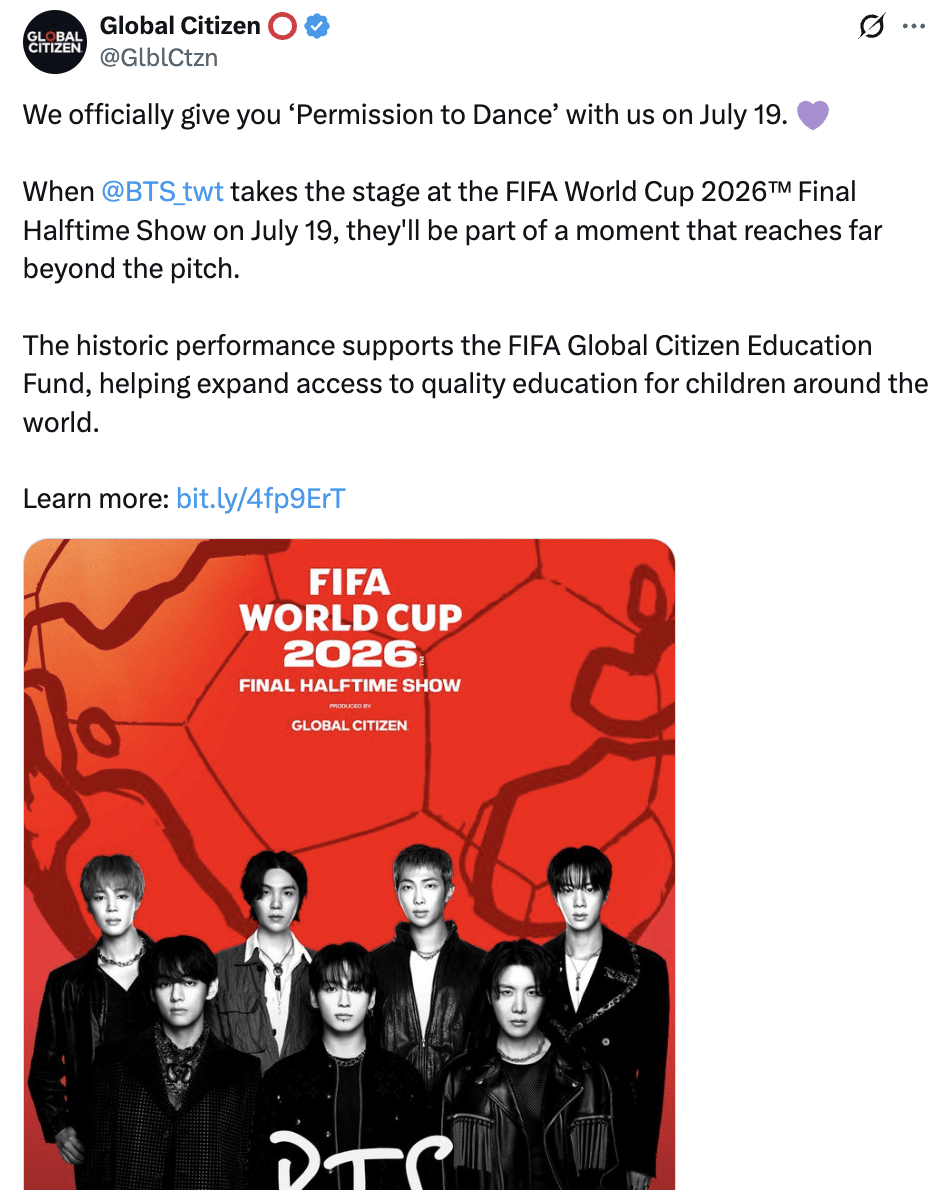update X Global Citizen tentang BTS di Halftime Show Piala Dunia 2026 (x.com/GlblCtzn)