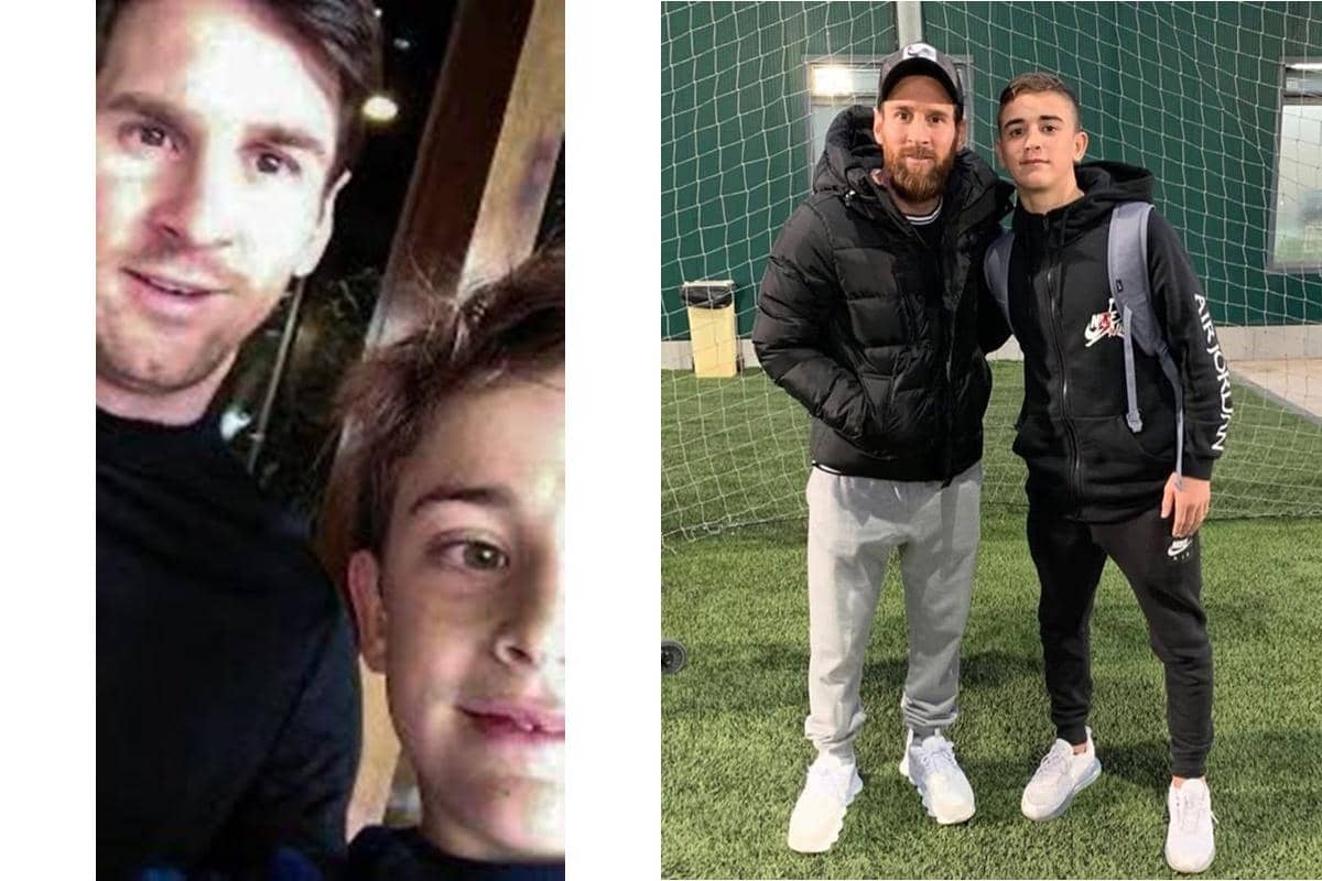 Dua foto memperlihatkan dua pria berpose bersama, satu saat masih muda dan satu saat dewasa di lapangan sepak bola.