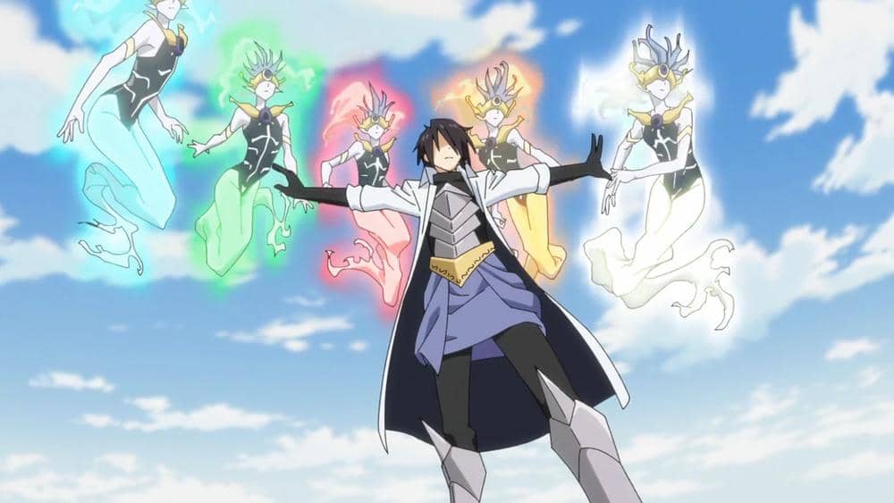 Hinata berdiri dengan tangan terbuka dikelilingi oleh empat Elementals bercahaya dalam berbagai warna di langit cerah.
