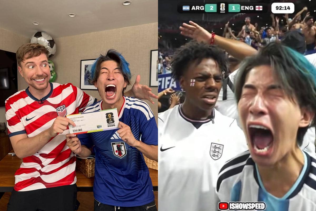 Dua pria mengenakan jersey sepak bola memegang tiket Piala Dunia, dan dua pria lain bereaksi emosional di stadion saat pertandingan Argentina vs Inggris.