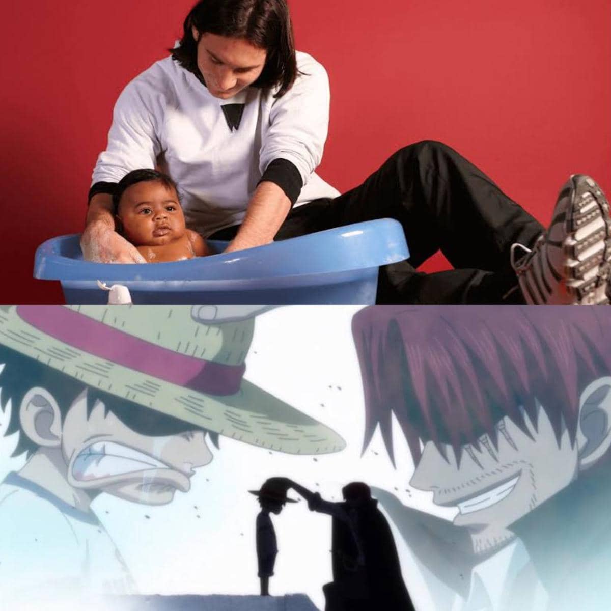 Kolase meme menampilkan seorang pria memandikan bayi di baskom biru dan adegan anime karakter berambut merah menyerahkan topi kepada anak kecil.