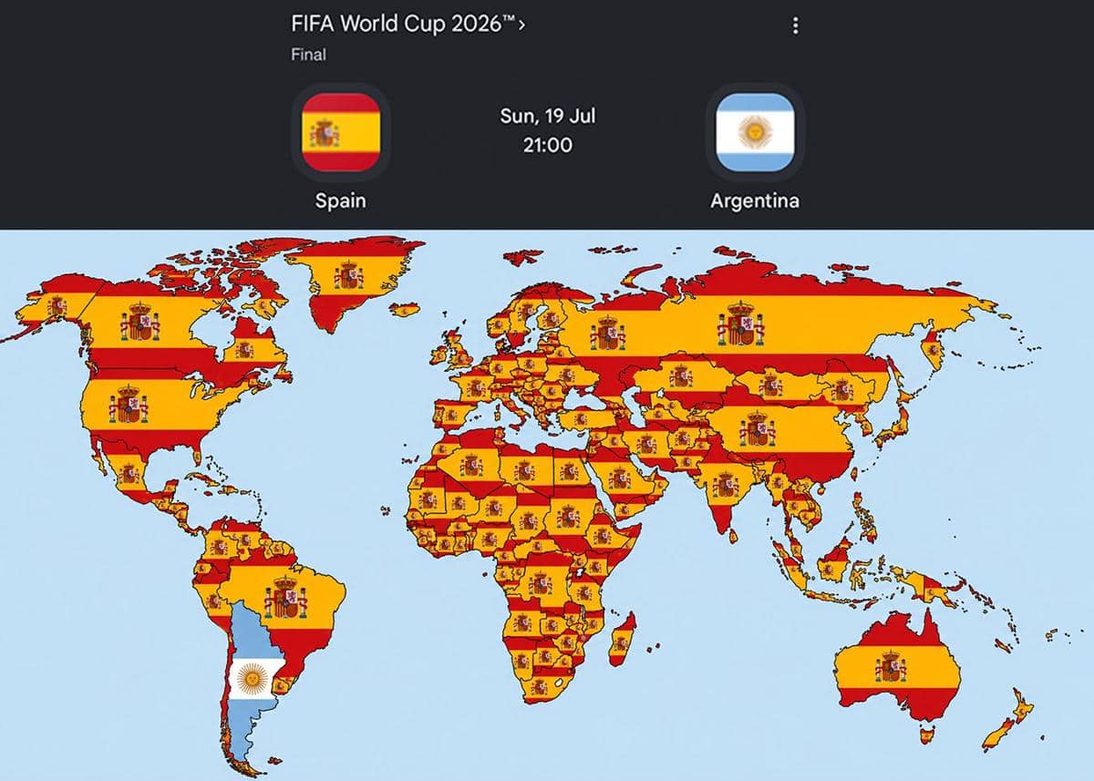 Peta dunia dengan hampir semua negara berwarna bendera Spanyol, kecuali Argentina yang memakai bendera sendiri, terkait final Piala Dunia 2026.