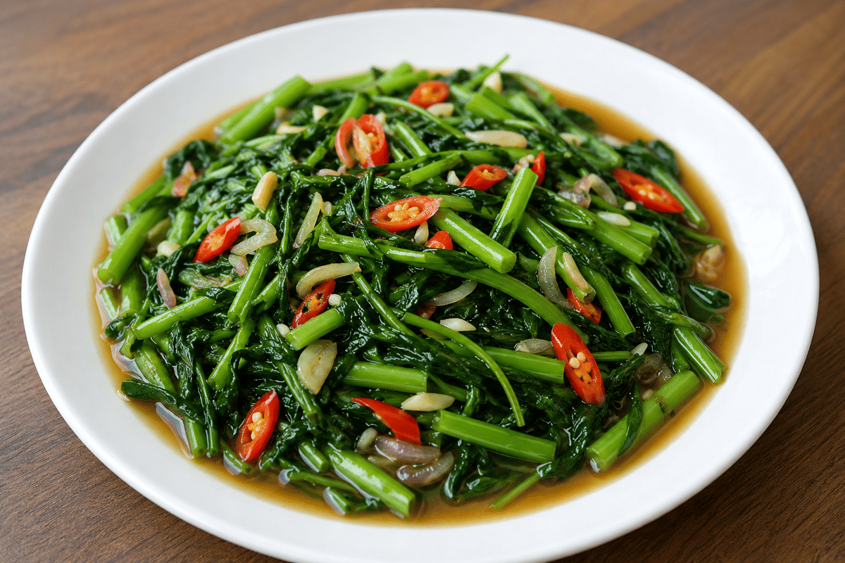 Sepiring tumis kangkung saus tiram pedas dengan irisan cabai merah.