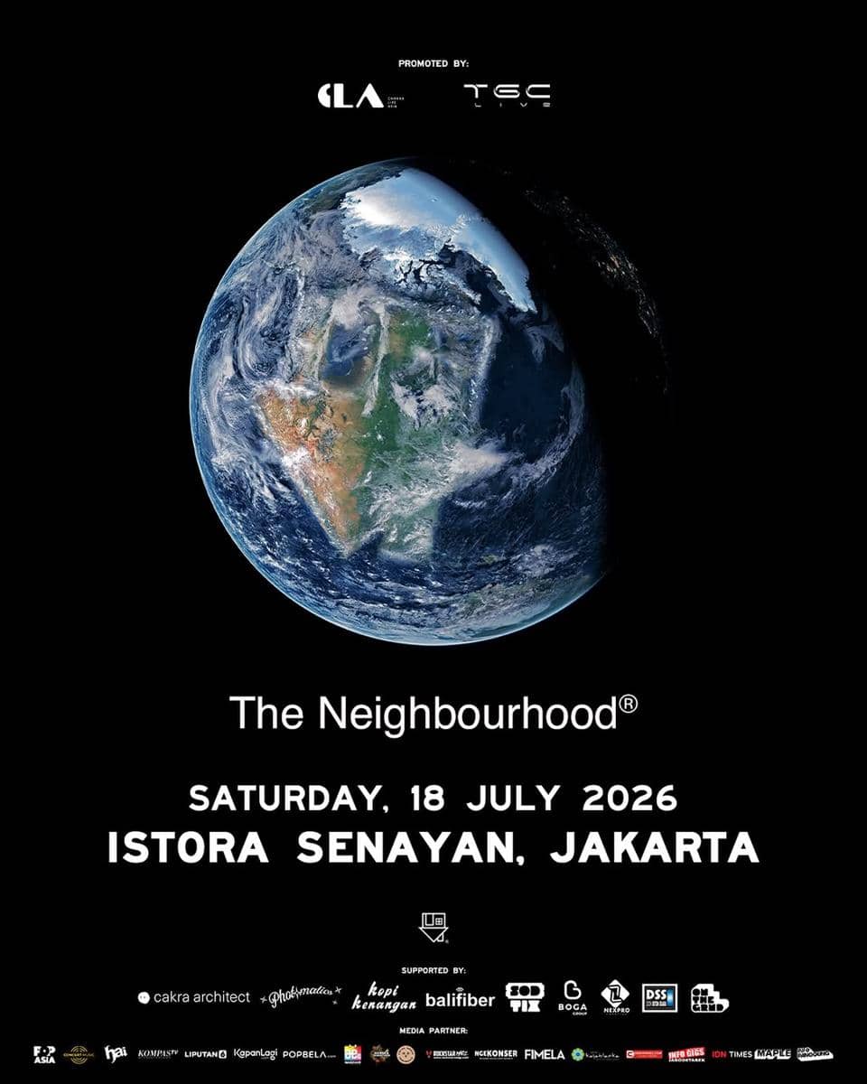 Poster konser The Neighbourhood di Istora Senayan Jakarta pada 18 Juli 2026 dengan latar gambar bumi di ruang angkasa.