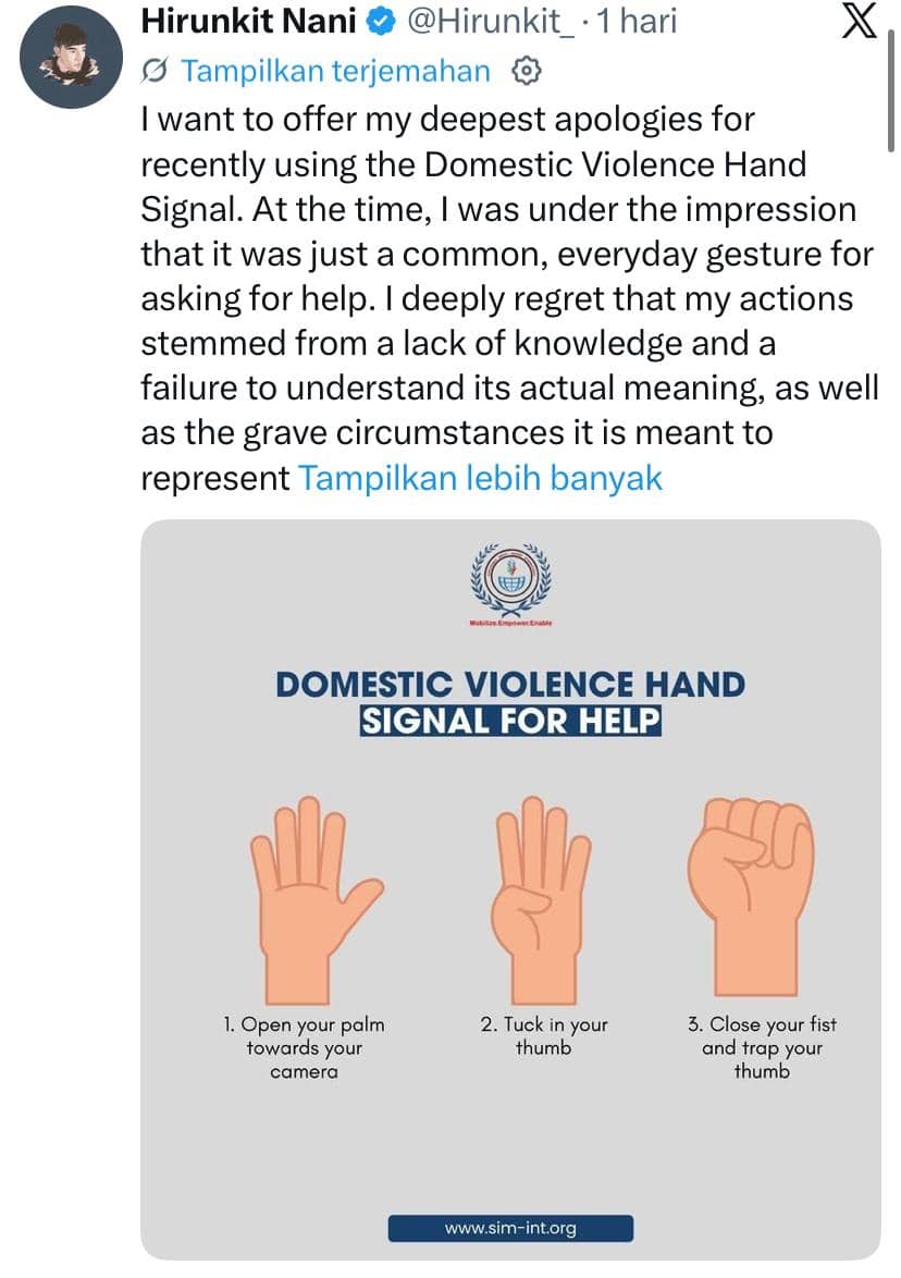 Tangkapan layar unggahan akun X berisi permintaan maaf atas penggunaan isyarat tangan kekerasan dalam rumah tangga dan ilustrasi tiga langkah sinyal bantuan.