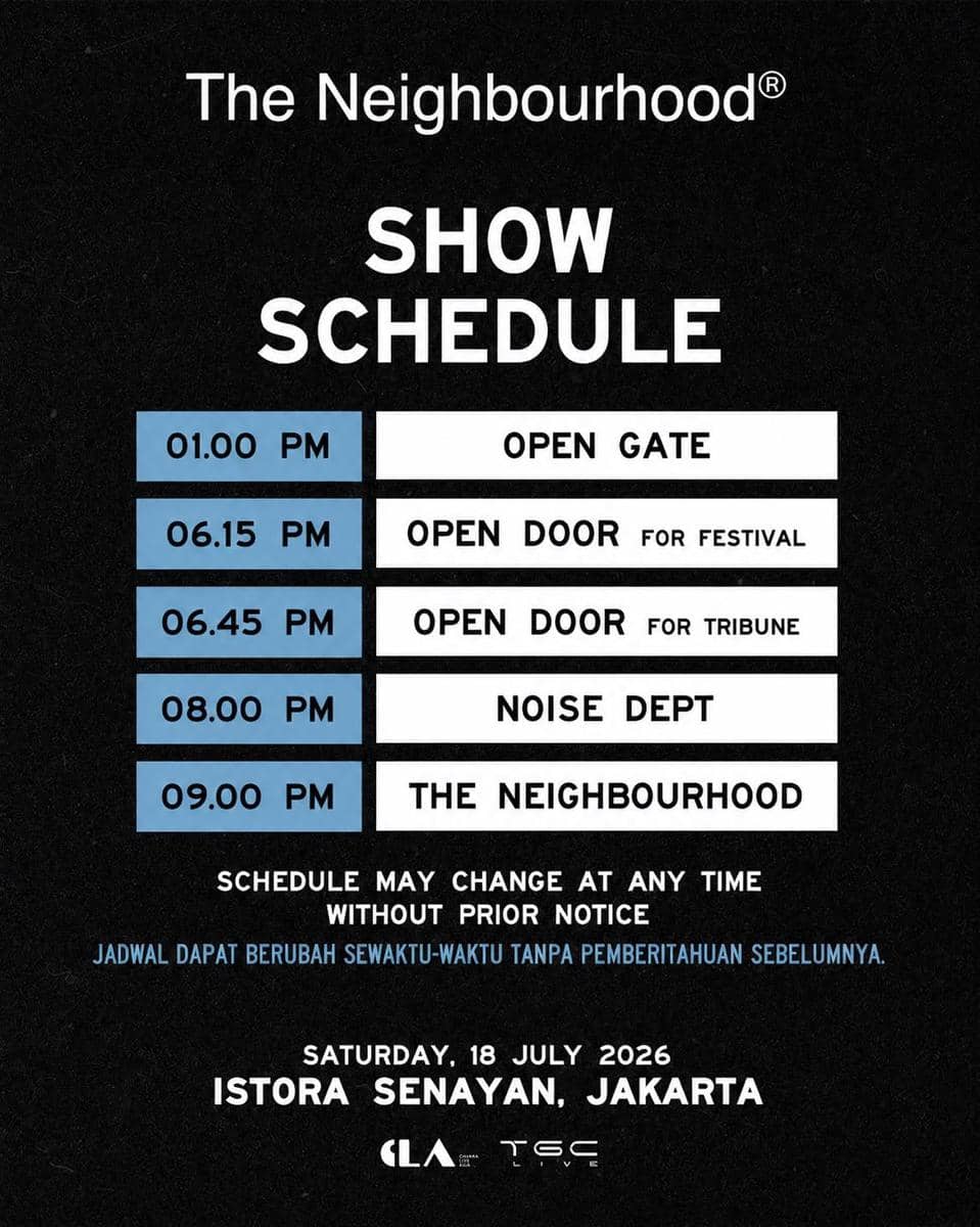 Jadwal konser The Neighbourhood di Istora Senayan Jakarta pada 18 Juli 2026 dengan rincian waktu pembukaan gerbang dan penampilan.