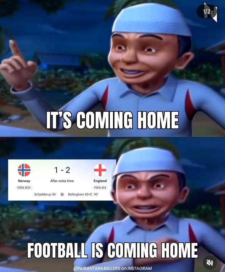 Meme karakter animasi mengenakan peci dengan ekspresi gembira disertai teks tentang kemenangan Inggris atas Norwegia di Piala Dunia 2026.