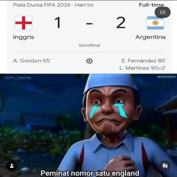 Meme pertandingan semifinal Piala Dunia 2026 antara Inggris dan Argentina dengan skor 1-2 disertai karakter animasi menangis.