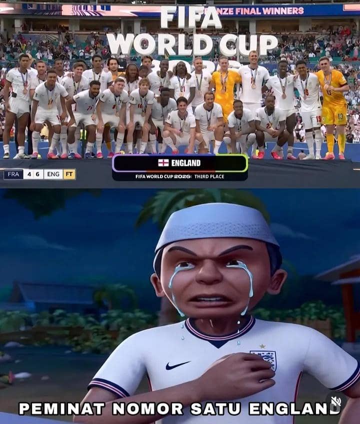 Meme Piala Dunia 2026 menampilkan tim sepak bola Inggris merayakan juara ketiga dan karakter animasi menangis mengenakan jersey Inggris.