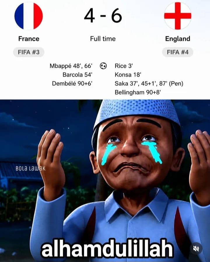 Meme pertandingan Prancis vs Inggris dengan skor 4-6 di Piala Dunia 2026 disertai karakter animasi menangis bahagia dengan teks alhamdulillah.