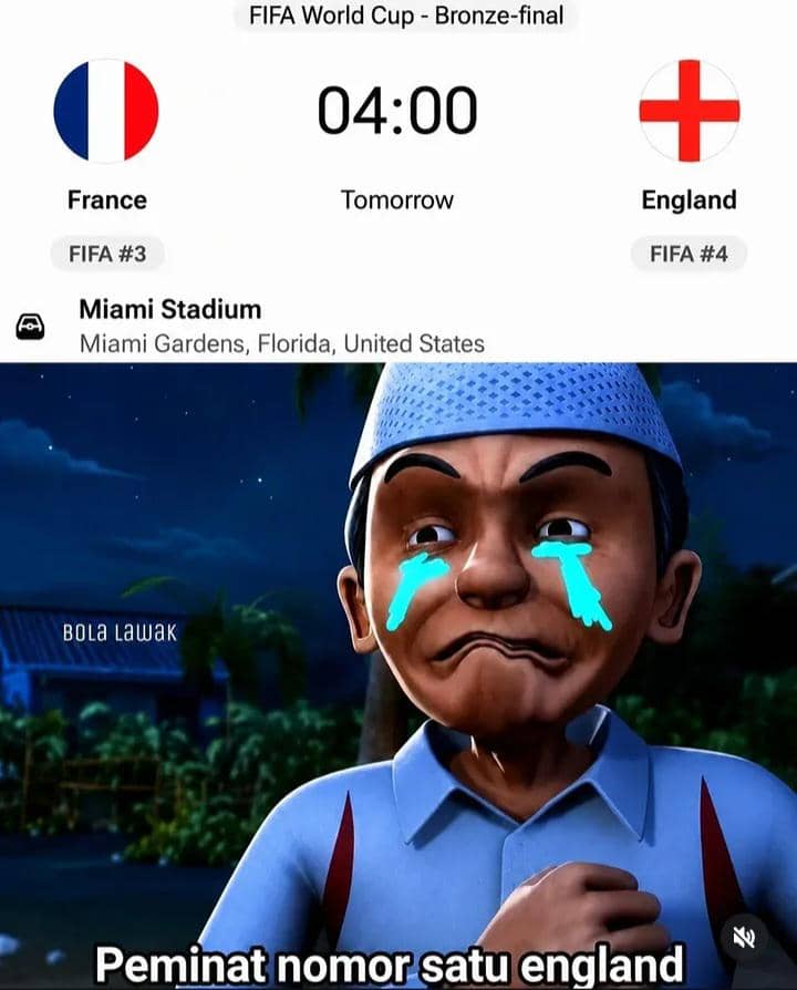 Meme pertandingan perebutan tempat ketiga Piala Dunia 2026 antara Prancis dan Inggris dengan karakter animasi menangis di bawahnya.