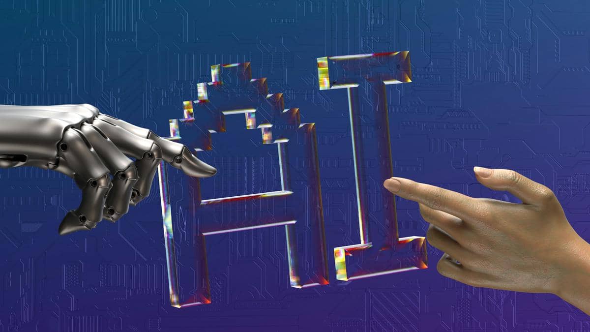 Tangan robot dan tangan manusia menunjuk tulisan AI pada latar sirkuit berwarna biru