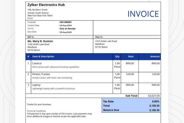 ilustrasi invoice dari aplikasi Zoho