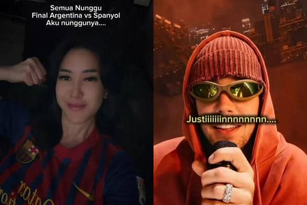 Seorang wanita mengenakan jersey Barcelona berpose di samping pria berhoodie merah dan kacamata hitam yang memegang mikrofon.