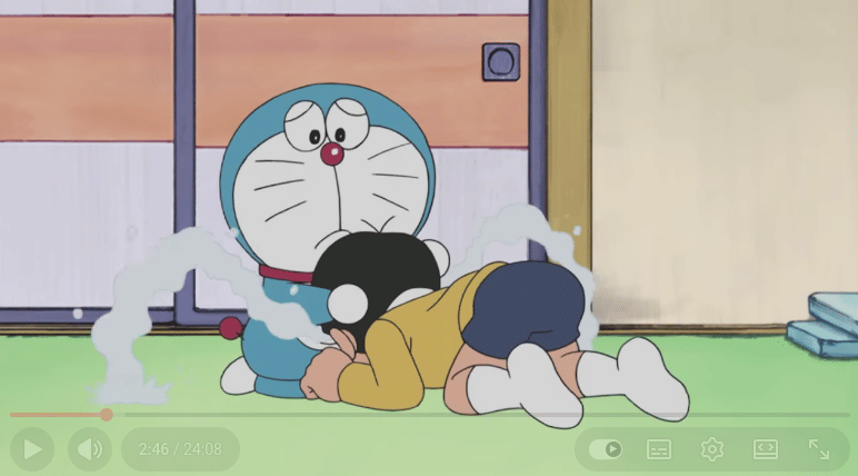 Scene Nobita menangis dipelukan Doraemon