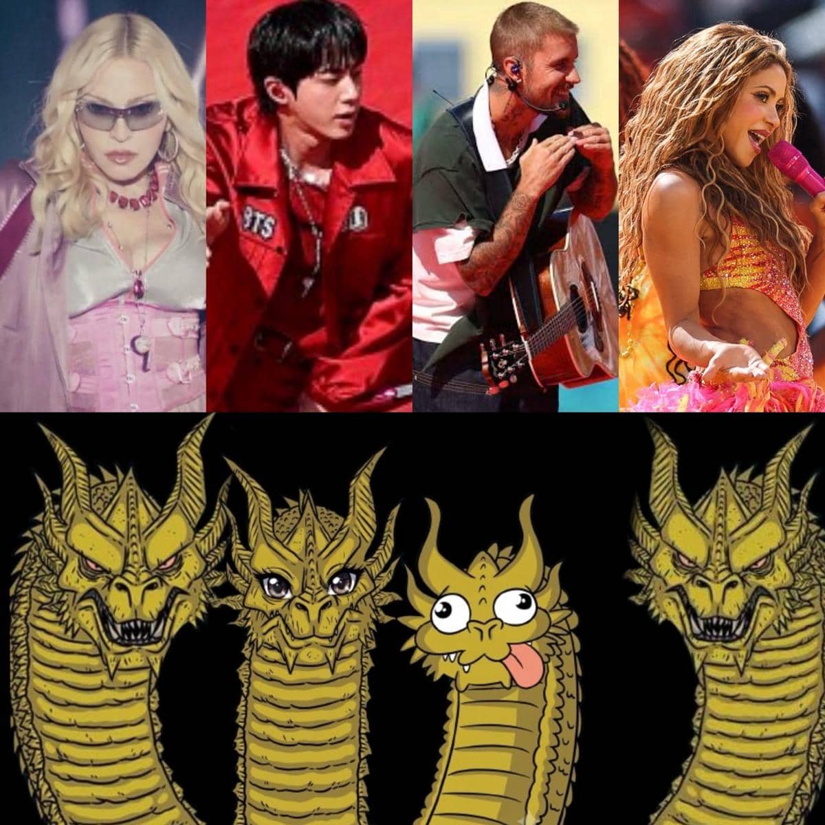 Kolase empat penyanyi terkenal di atas dengan ilustrasi naga tiga kepala bergaya lucu di bawahnya sebagai meme tentang halftime show.