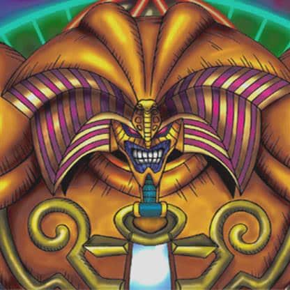 Ilustrasi karakter Exodia dari permainan kartu Yu-Gi-Oh dengan wajah besar berwarna emas dan ornamen ungu di sekitarnya.