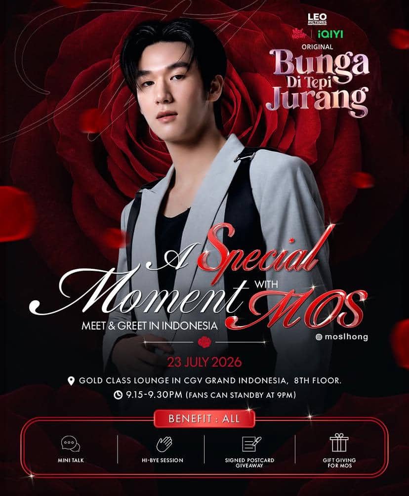Poster acara A Special Moment with Mos di Indonesia menampilkan seorang pria berjas abu-abu dengan latar bunga mawar merah.