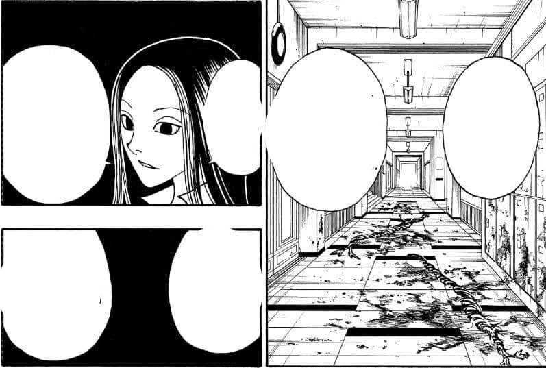 Ilustrasi manga menampilkan karakter berambut panjang dengan ekspresi tenang dan lorong sekolah yang dipenuhi noda darah di lantai.