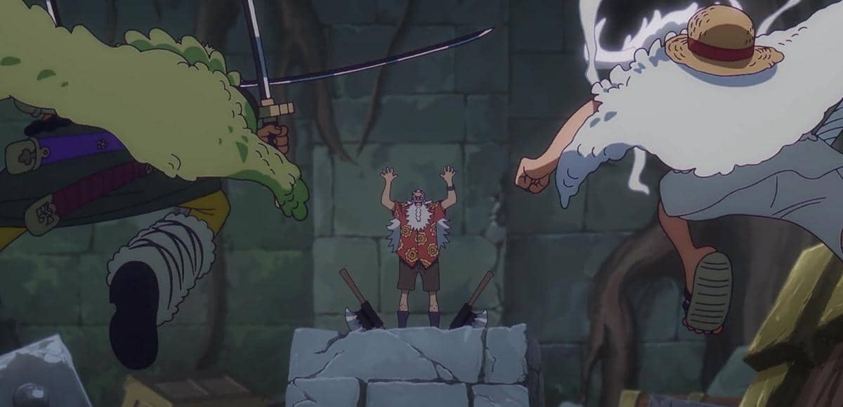 Gaban mengangkat tangan menyerah saat Luffy dan Zoro menyerang bersamaan di dalam reruntuhan batu tua yang dipenuhi akar pohon.