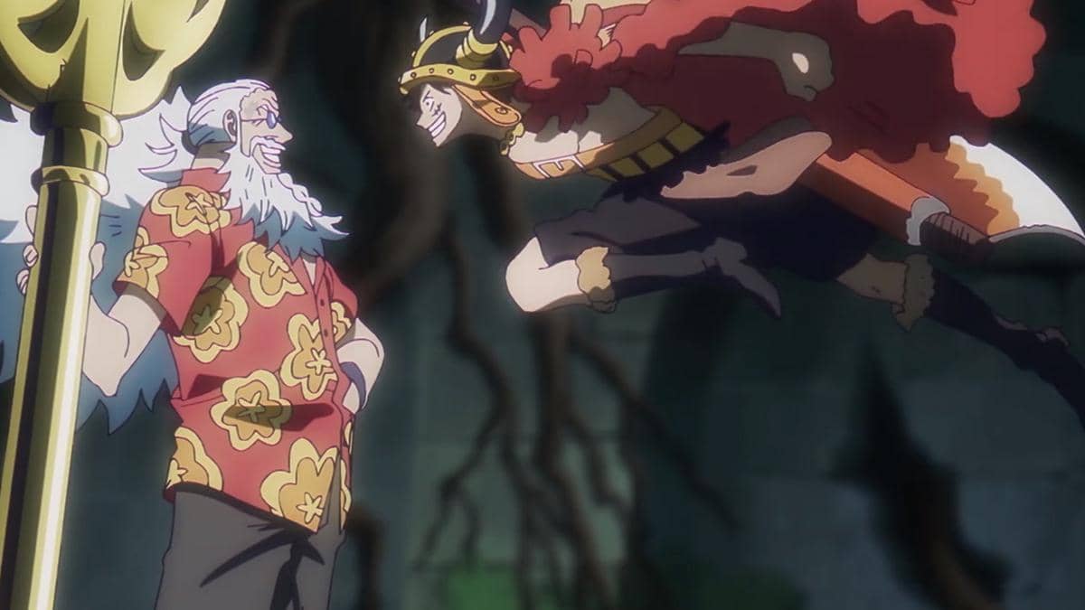 Dua karakter anime dari One Piece sedang berhadapan, satu mengenakan baju merah bermotif bunga dan satu lagi memakai baju perang dengan jubah merah.