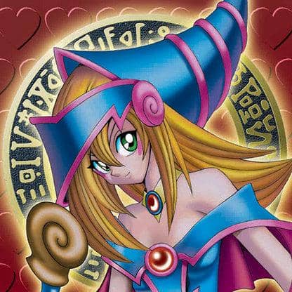 Ilustrasi karakter anime perempuan berambut pirang mengenakan topi dan pakaian penyihir berwarna biru serta merah muda dengan latar simbol sihir.