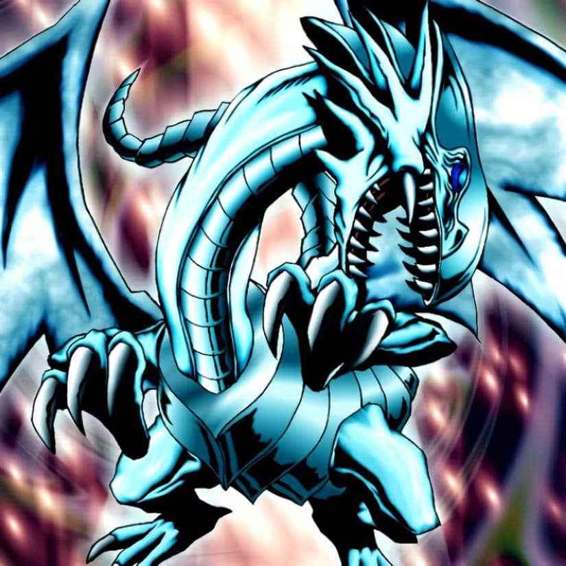 Ilustrasi naga berwarna biru dengan sayap besar dan mata tajam dari seri permainan kartu Yu-Gi-Oh.