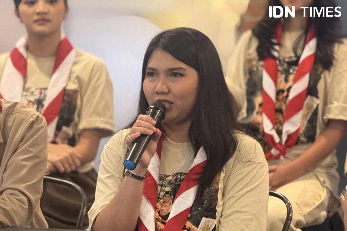 Amanda Latief dalam konferensi pers film Pramuka pada Senin (20/7/2026)