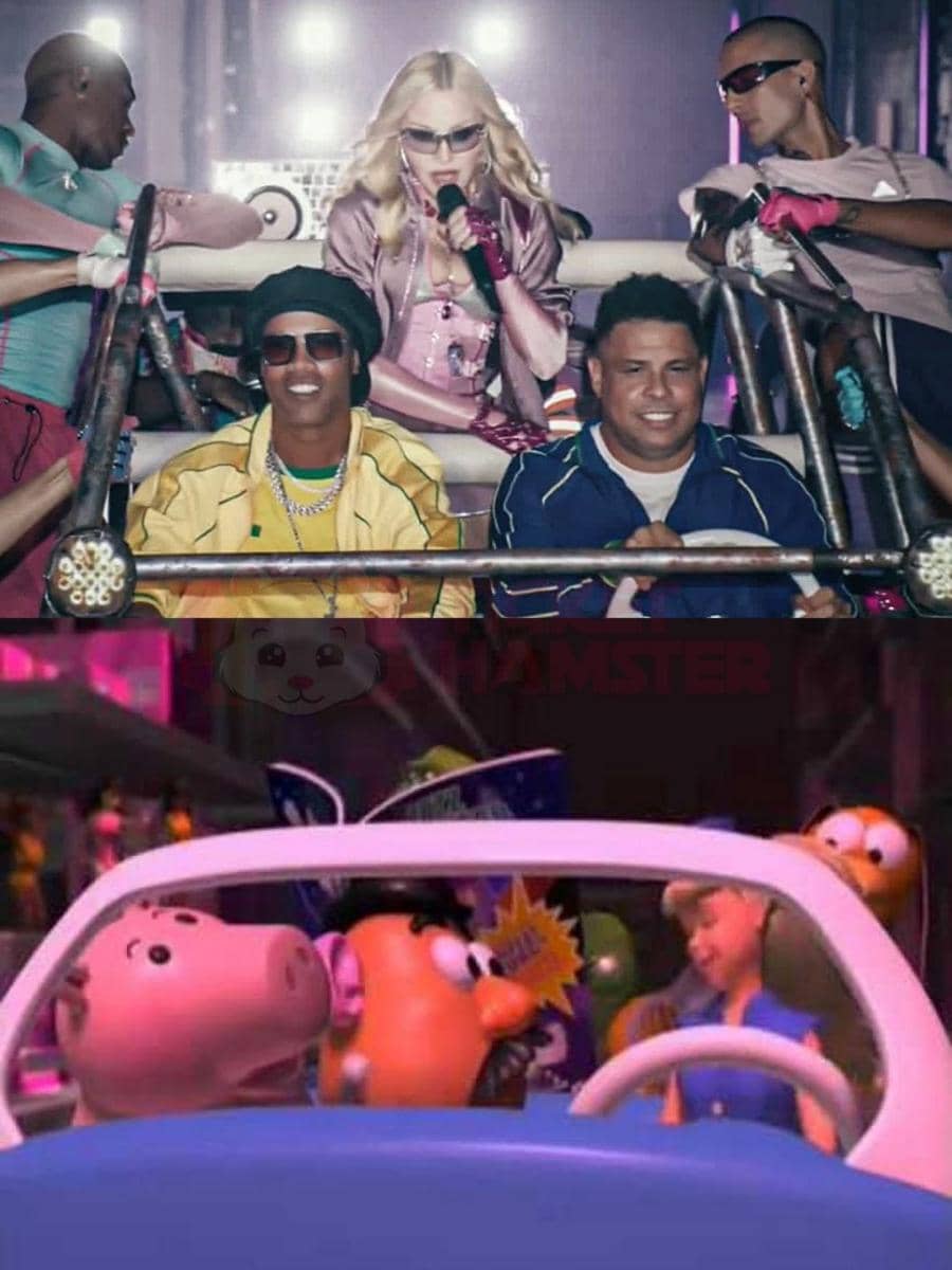 Kolase meme menampilkan adegan konser dengan penyanyi dan dua pria di mobil, serta adegan animasi karakter Toy Story mengemudi mobil mainan.