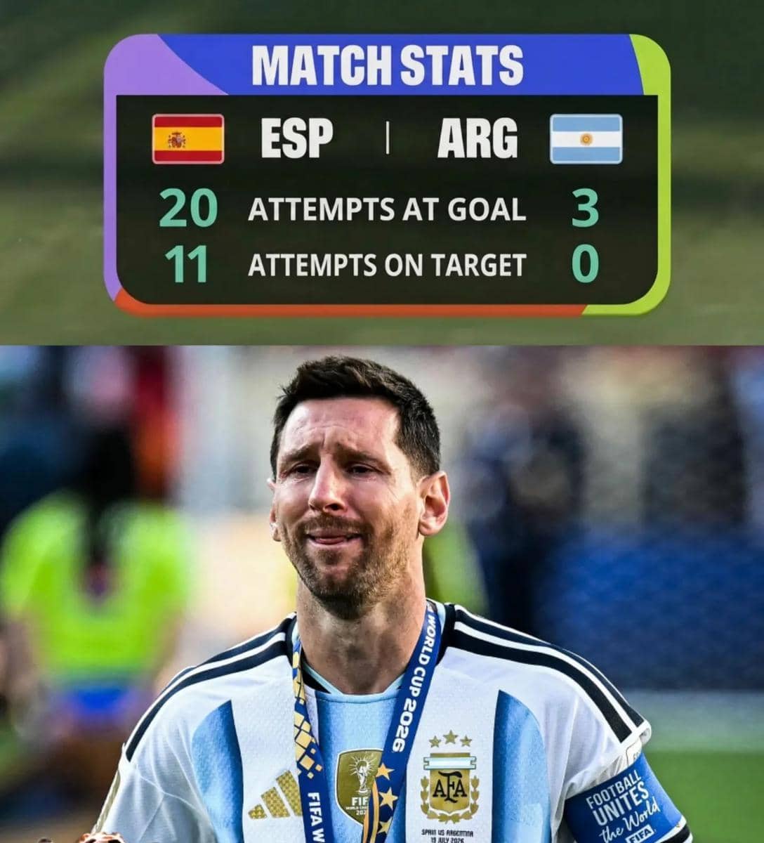 Pemain Argentina mengenakan medali dengan ekspresi sedih setelah kekalahan dari Spanyol di final Piala Dunia 2026, disertai statistik pertandingan.