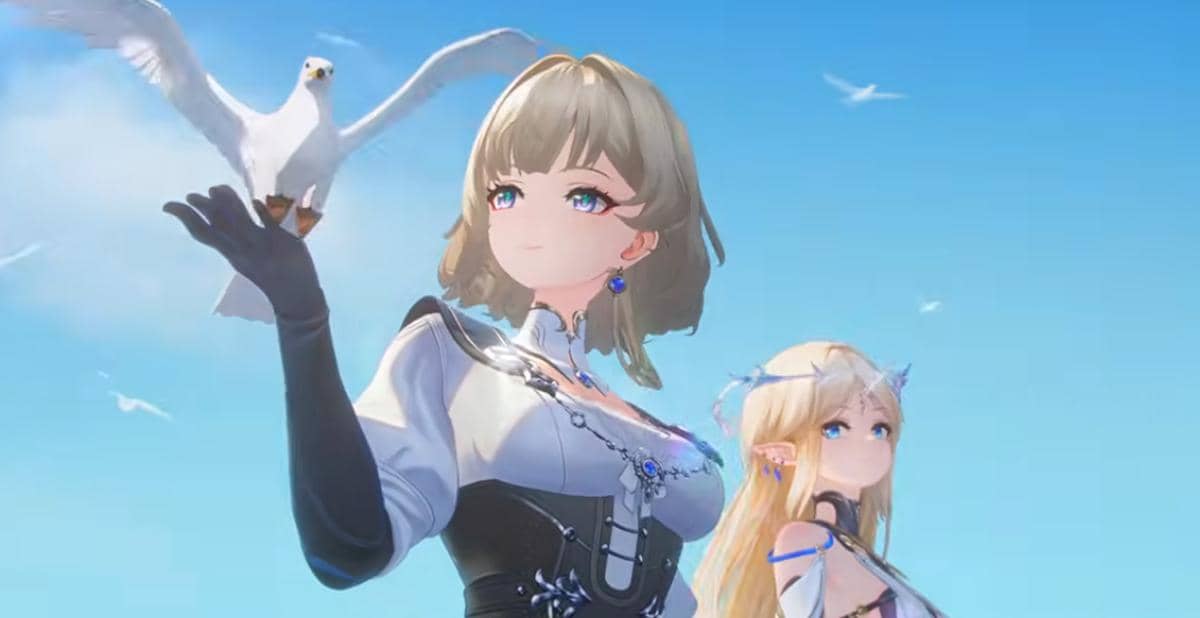 Dua karakter anime bergaya fantasi berdiri di bawah langit biru, salah satunya memegang burung camar di tangannya.