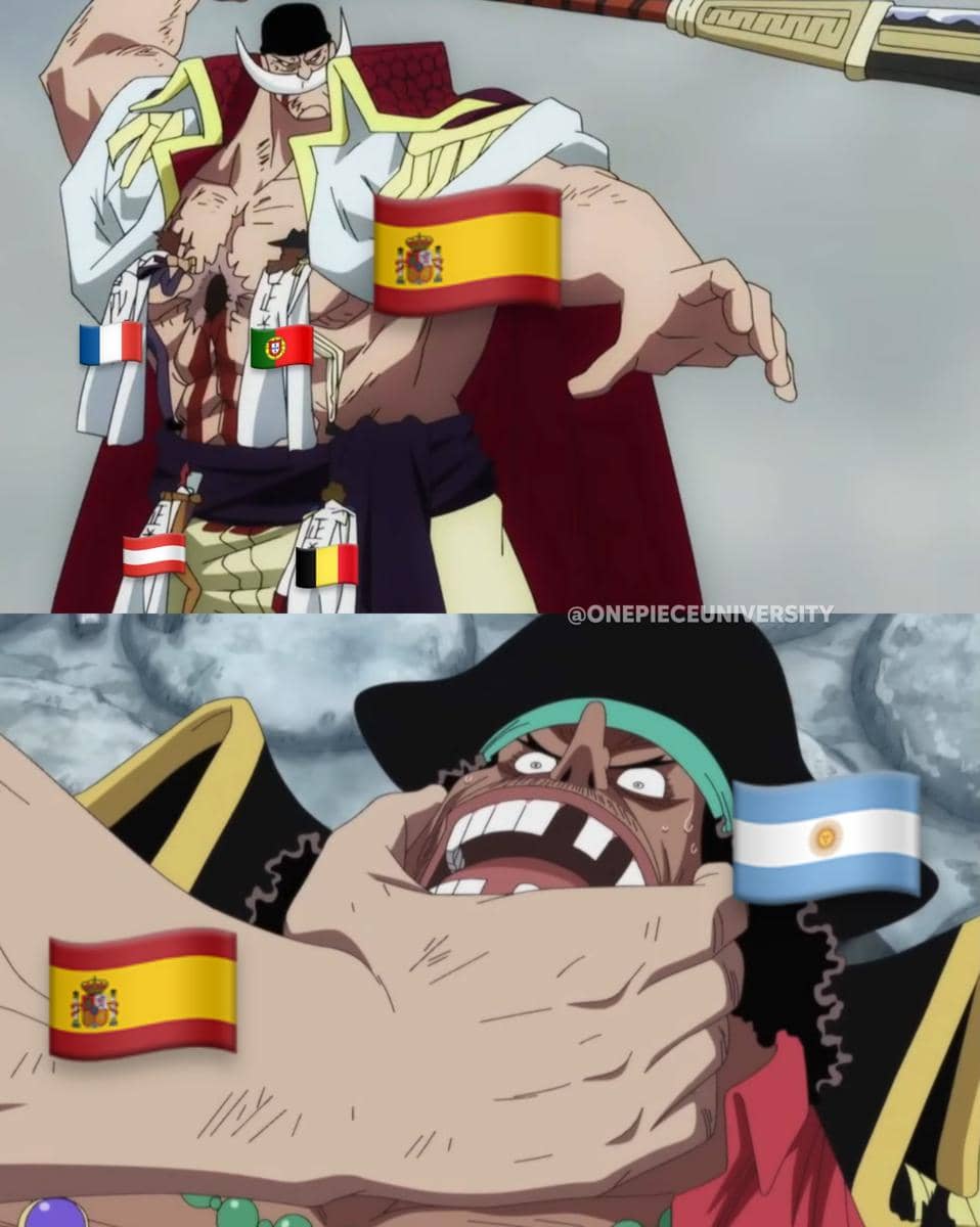 Meme karakter anime One Piece dengan bendera Spanyol dan Argentina menggambarkan kekalahan Argentina di final Piala Dunia 2026.