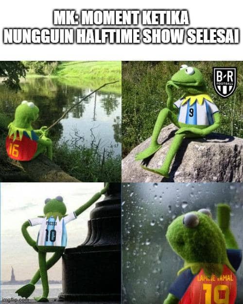 Kolase meme Kermit the Frog mengenakan berbagai jersey tim sepak bola, menggambarkan suasana menunggu halftime show Piala Dunia 2026.