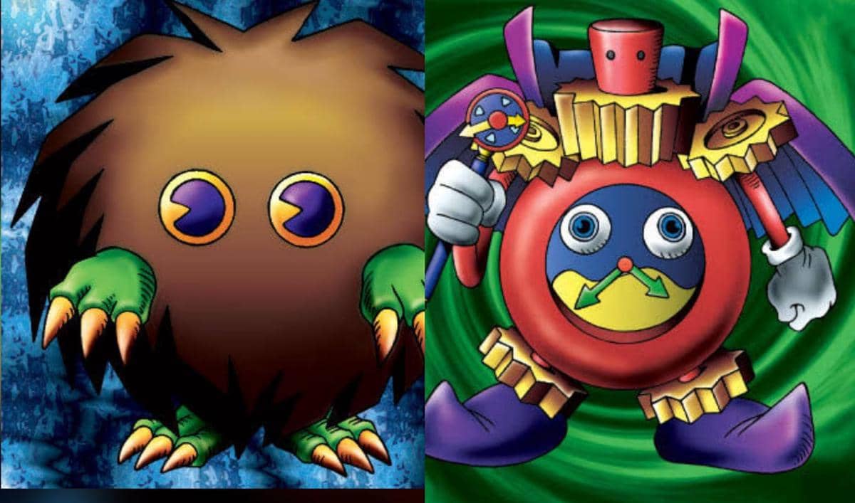 Ilustrasi dua karakter dari seri Yu-Gi-Oh, Kuriboh berbulu cokelat dengan cakar hijau di kiri dan Time Wizard berbentuk jam berwarna merah di kanan.