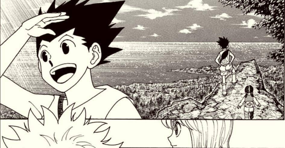 Gon Freecss tersenyum ceria sambil melihat ke kejauhan di tepi tebing bersama teman-temannya dalam panel manga Hunter x Hunter.
