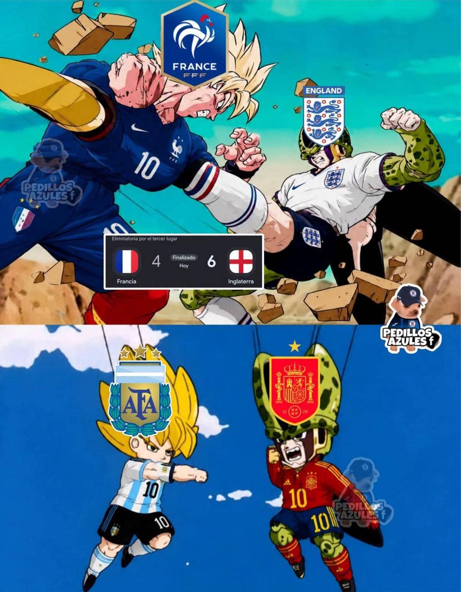 Meme bergaya anime Dragon Ball menggambarkan tim nasional Prancis, Inggris, Argentina, dan Spanyol bertarung di Piala Dunia 2026.
