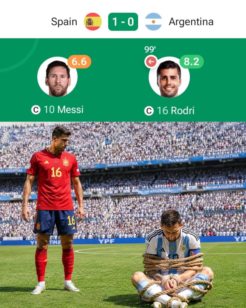Ilustrasi meme pertandingan Spanyol melawan Argentina dengan skor 1-0, menampilkan pemain Argentina terikat di lapangan dan pemain Spanyol berdiri di depannya.