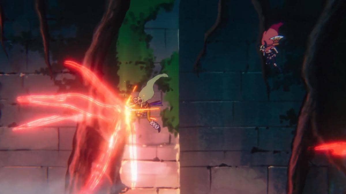 Zoro menangkis serangan kapak bercahaya merah dari Gaban di dinding batu dalam adegan pertarungan anime One Piece.