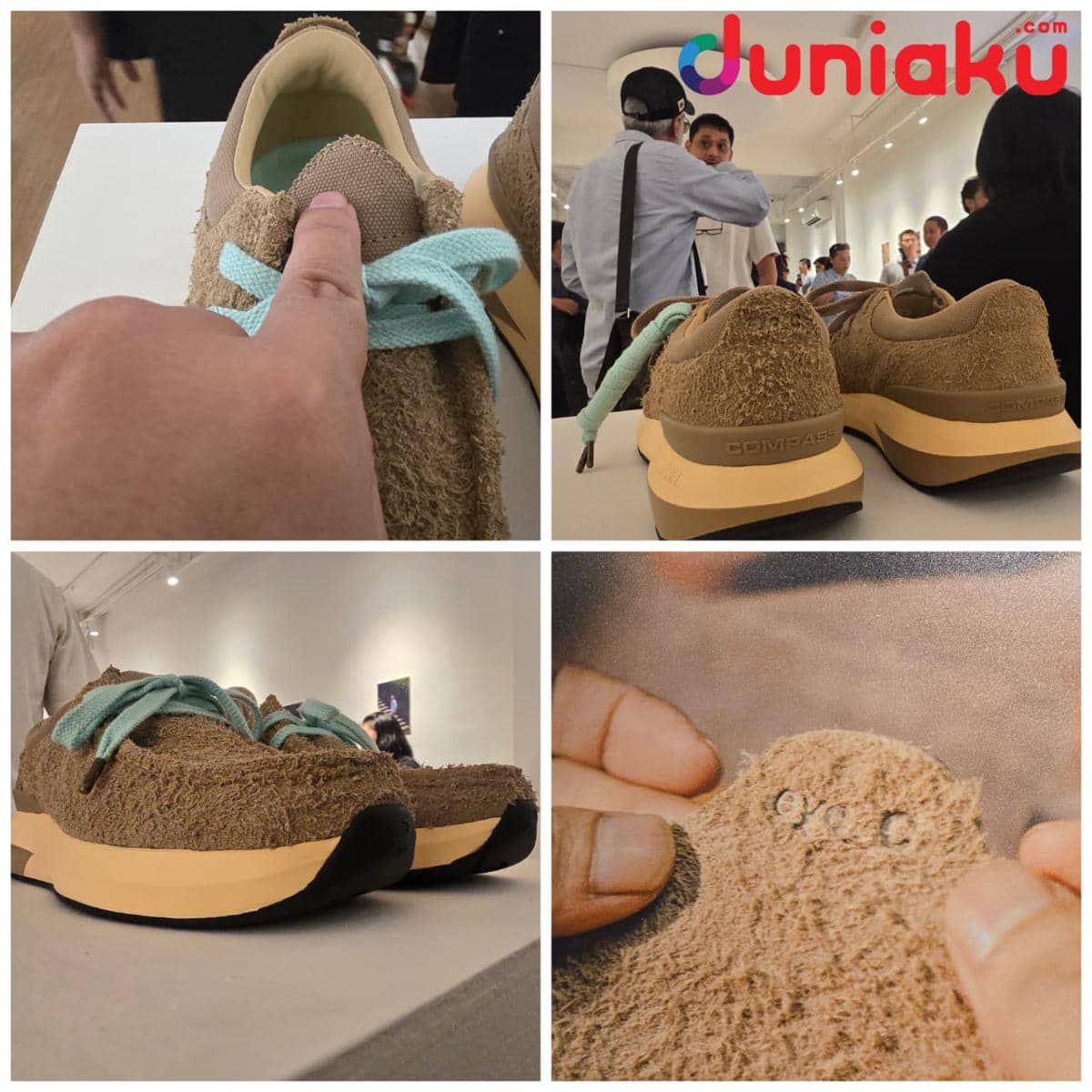 Sepatu Velocity Moc edisi kolaborasi COMPASS x eye_C berwarna cokelat dengan tali biru muda dipamerkan di galeri seni.