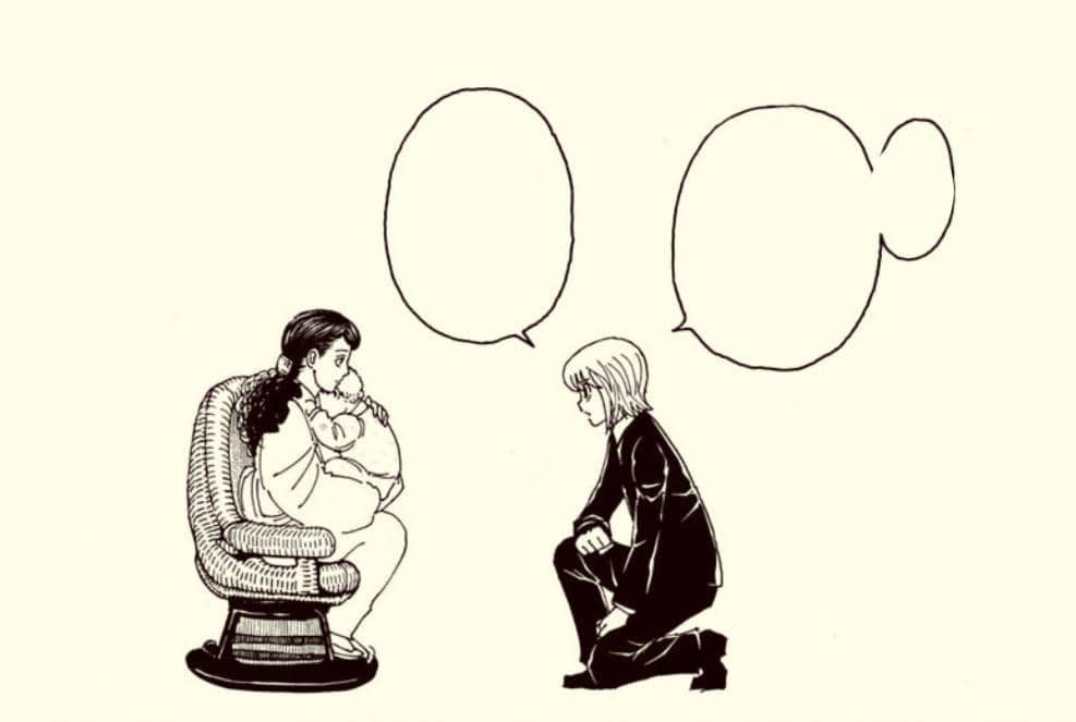 Ilustrasi dua karakter dari manga Hunter x Hunter, seorang wanita duduk di kursi sambil menggendong bayi dan seorang pria berlutut di depannya.