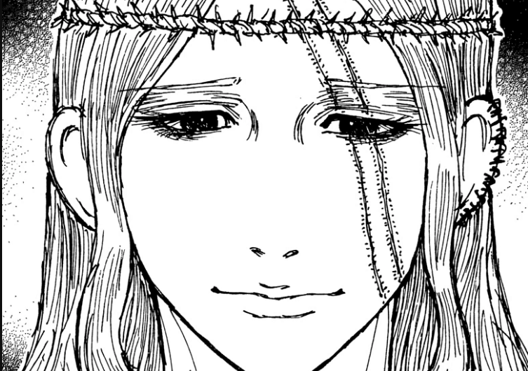 Ilustrasi karakter Morena Prudo dengan ekspresi tenang, rambut panjang, dan bekas jahitan di wajah dari manga Hunter x Hunter.