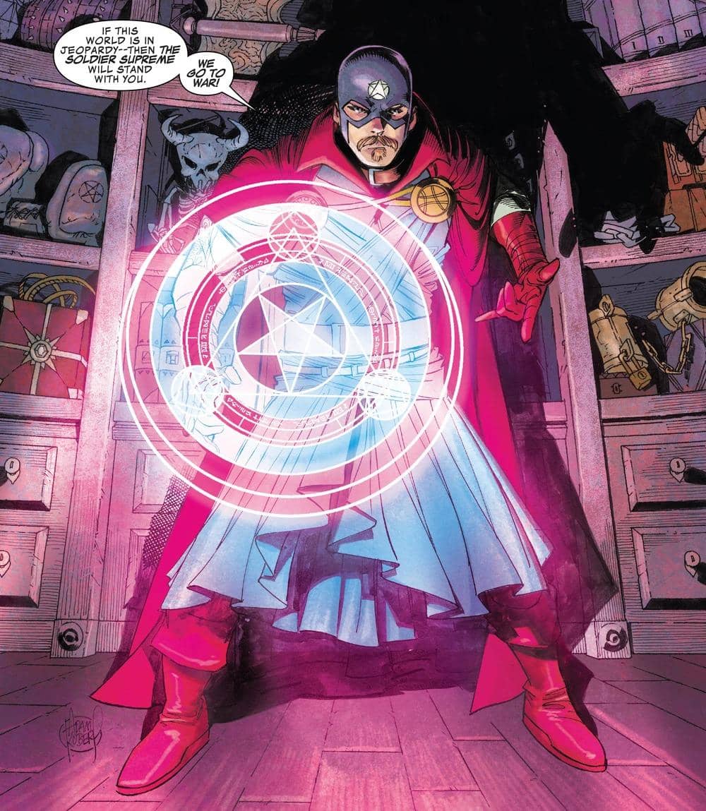 Ilustrasi karakter Soldier Supreme, varian Steve Rogers di semesta Marvel, mengenakan jubah merah dan menggunakan sihir bercahaya.